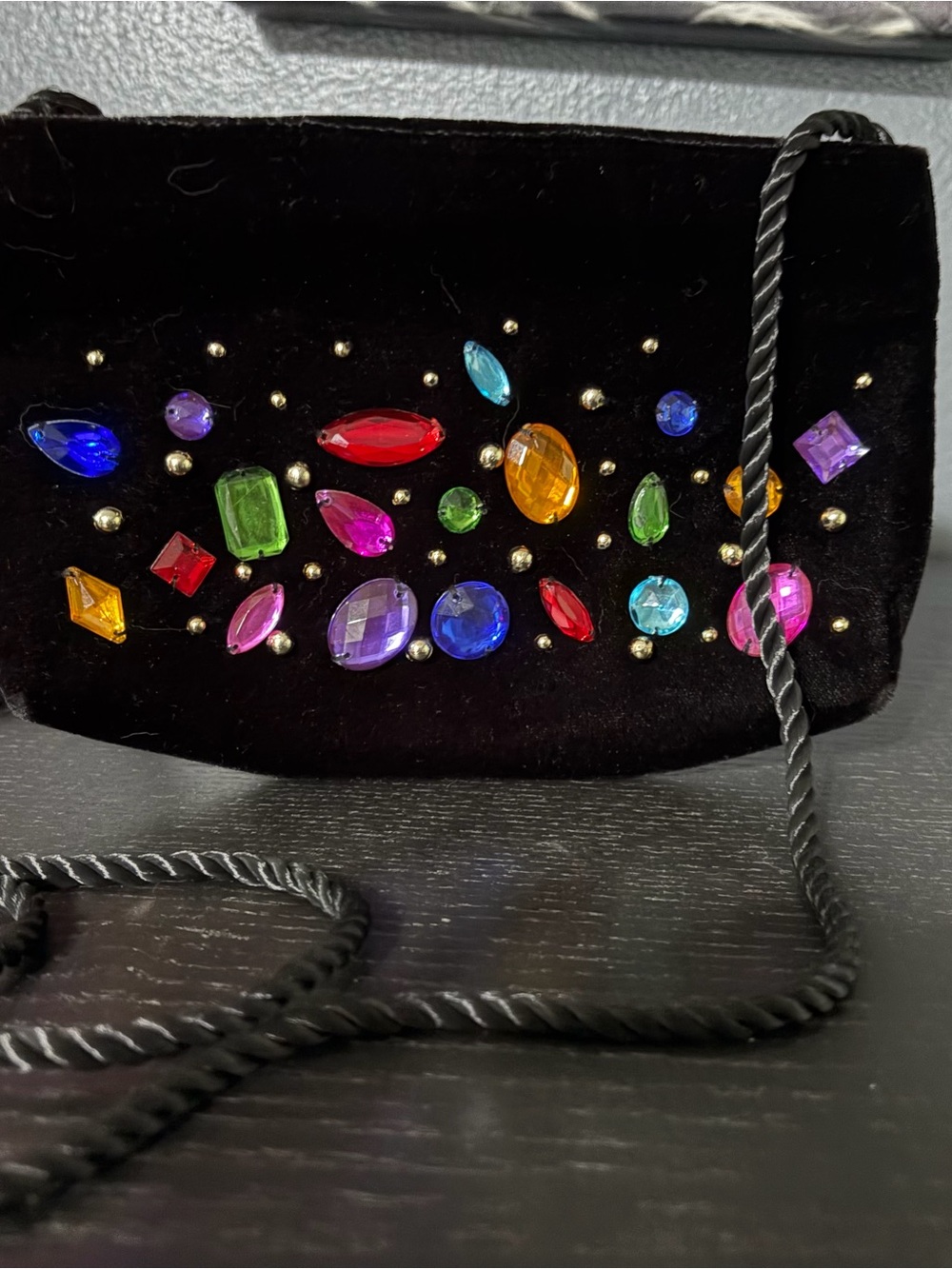 Black Faux Velvet Crossbody Bag with Multicolor Gem Embellishments